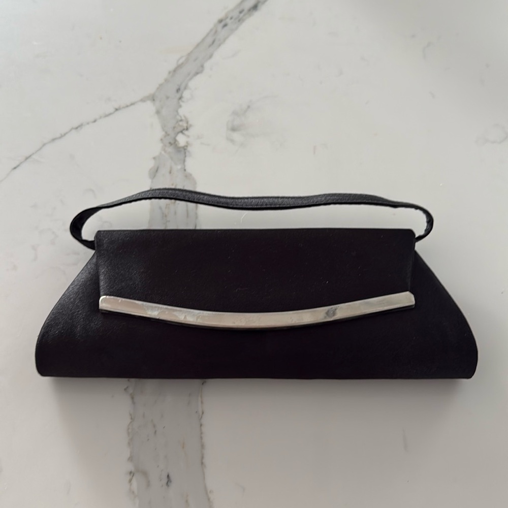 Black Satin Clutch with Removable Strap and Silver trim